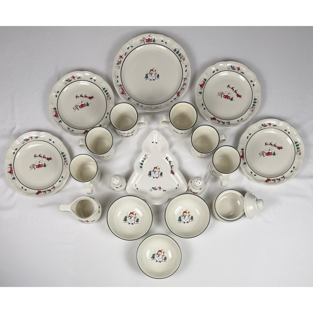 Pfaltzgraff Christmas Snowman Dish Set 29pc Vintage 1998 Holiday Dinnerware